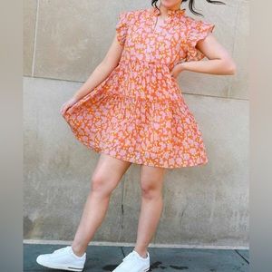 Anthropologie THLM Flower Print Tiered Dress in Orange M